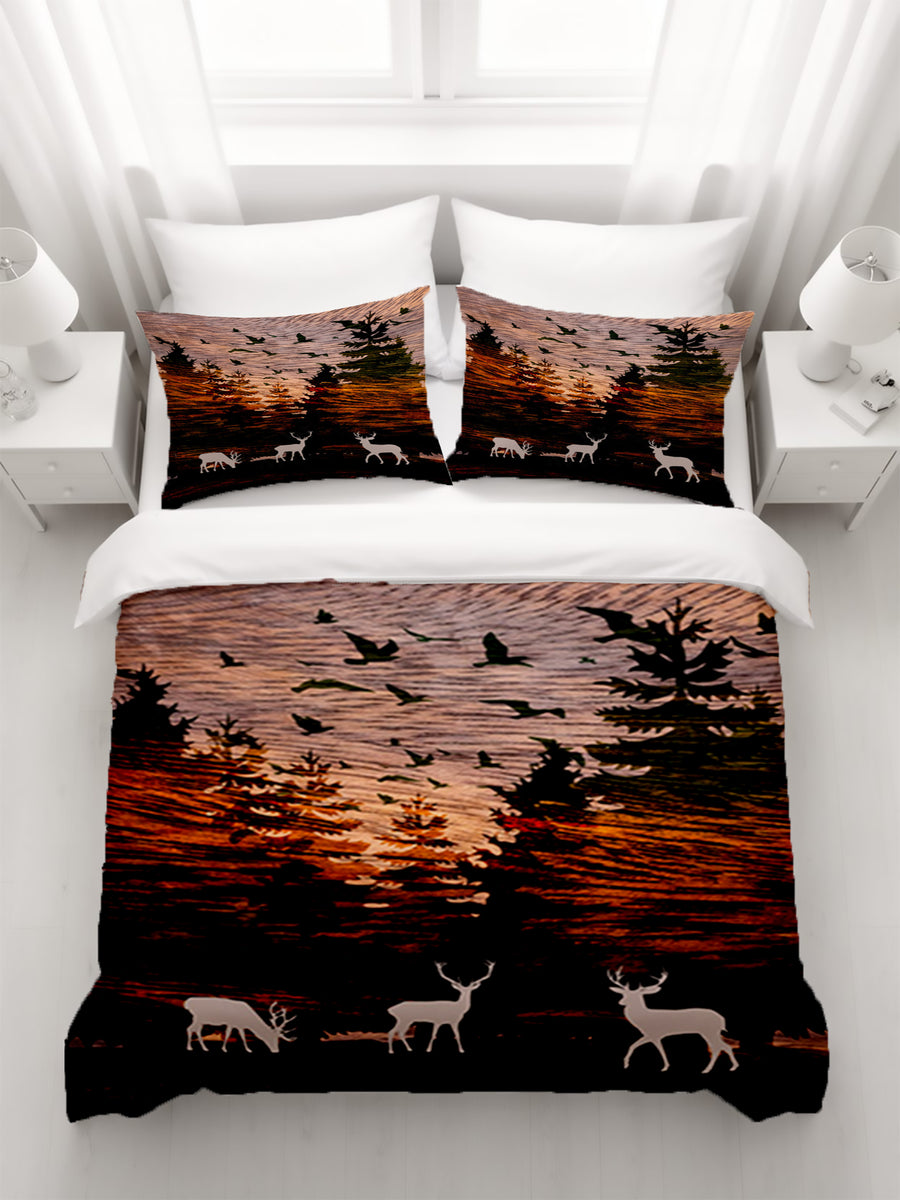Orange Sunset Deer Forest Landscape Duvet Cover