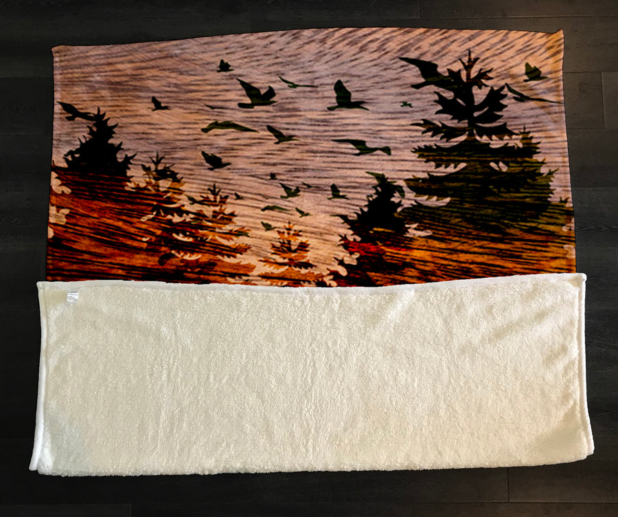 Orange Sunset Deer Forest Landscape Fleece Sherpa Blanket