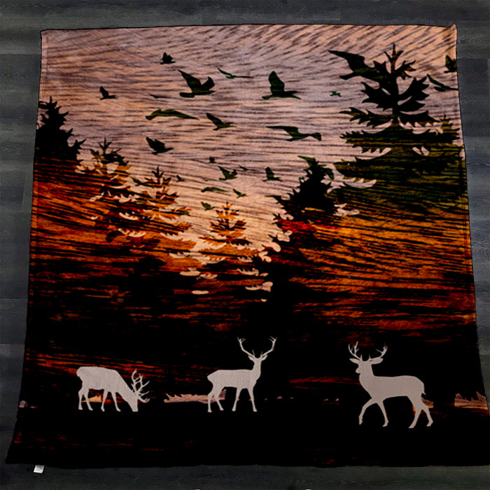 Orange Sunset Deer Forest Landscape Fleece Sherpa Blanket
