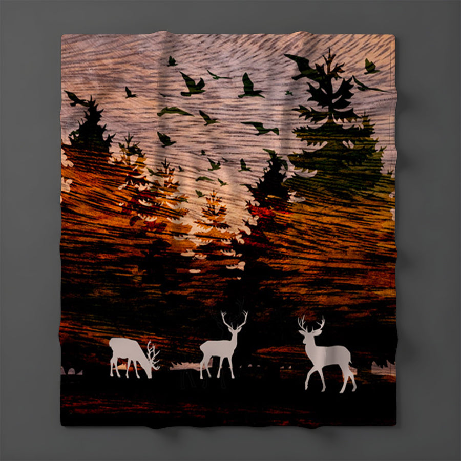 Orange Sunset Deer Forest Landscape Fleece Sherpa Blanket