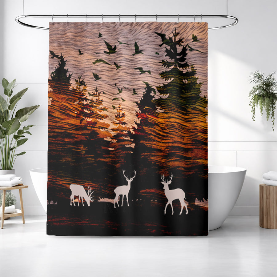 Orange Sunset Deer Forest Landscape Shower Curtain