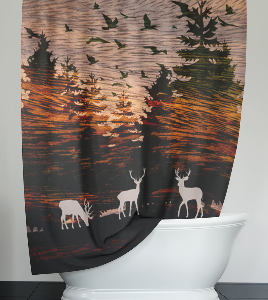 Orange Sunset Deer Forest Landscape Shower Curtain