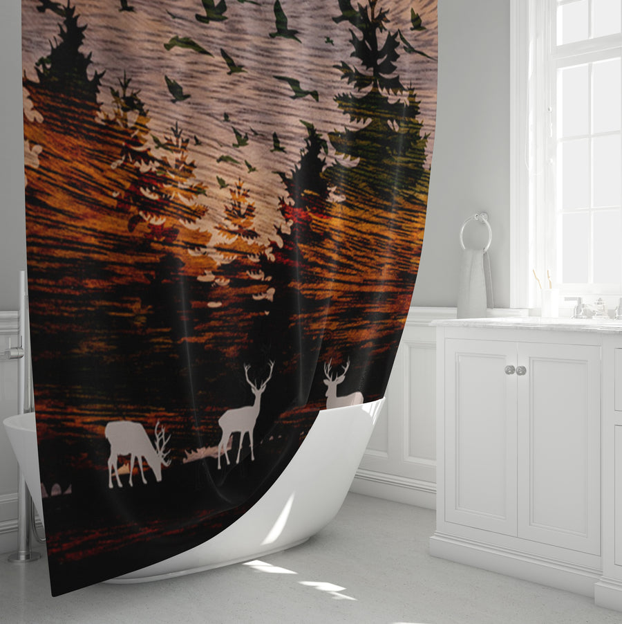 Orange Sunset Deer Forest Landscape Shower Curtain