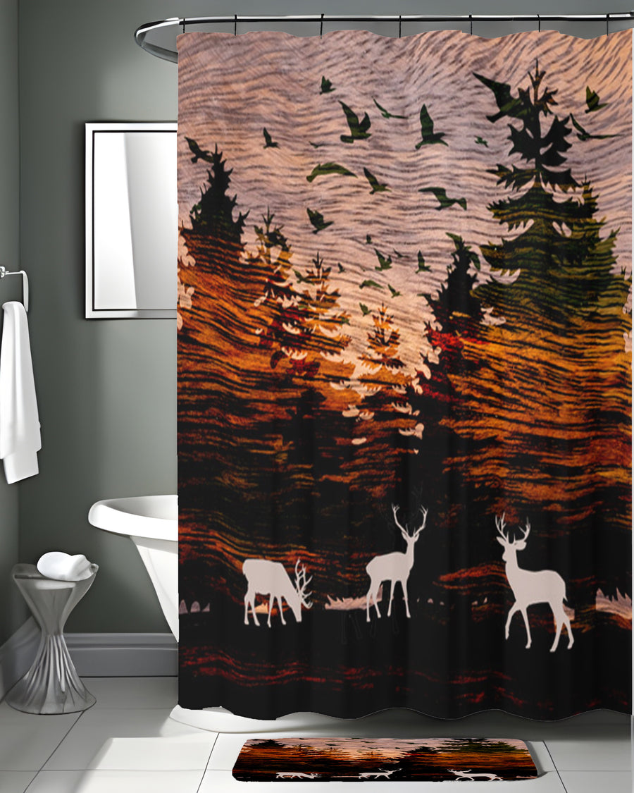 Orange Sunset Deer Forest Landscape Shower Curtain