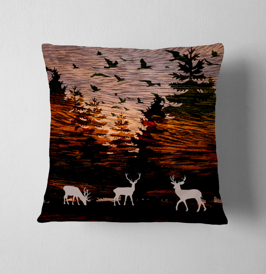 Orange Sunset Deer Forest Landscape Throw Pillow Cover