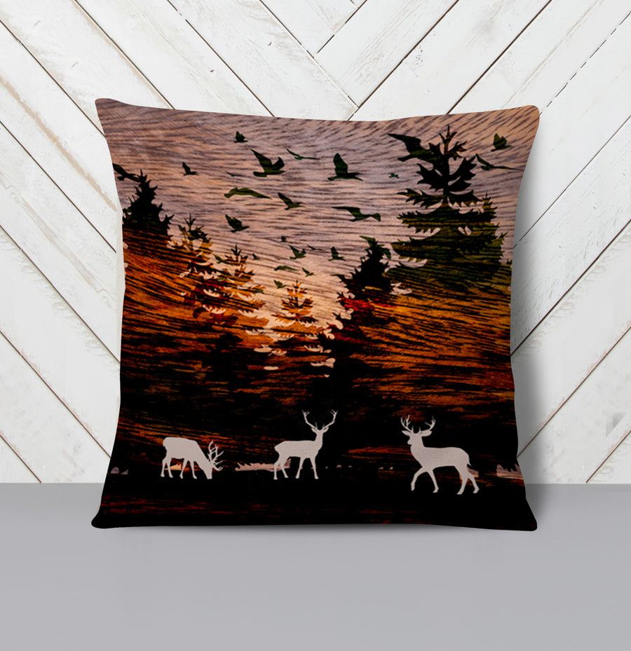 Orange Sunset Deer Forest Landscape Throw Pillow Cover