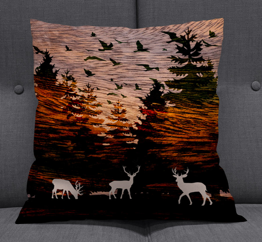 Orange Sunset Deer Forest Landscape Throw Pillow Cover