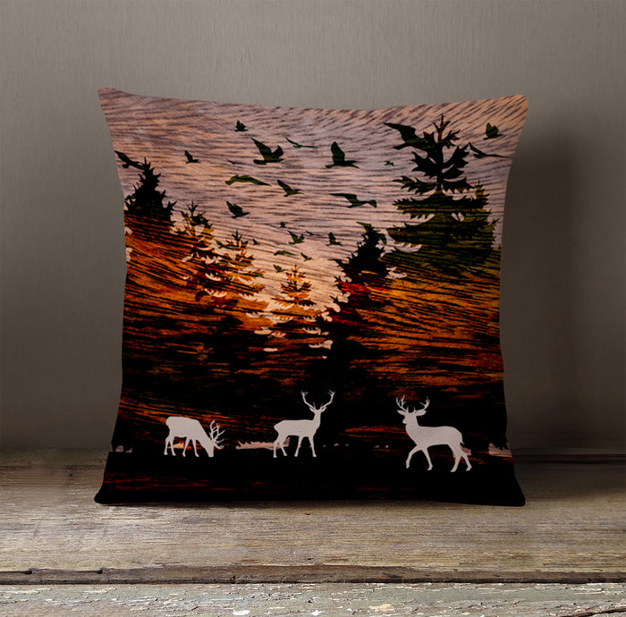 Orange Sunset Deer Forest Landscape Throw Pillow Cover