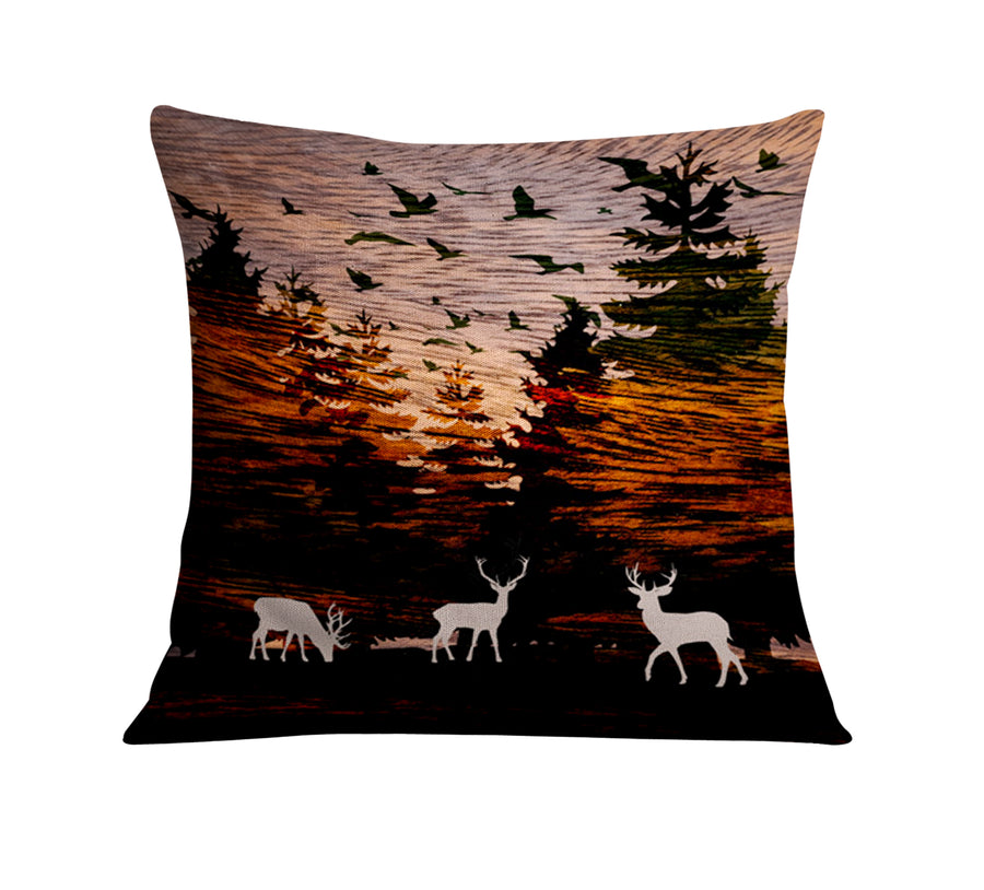 Orange Sunset Deer Forest Landscape Throw Pillow Cover