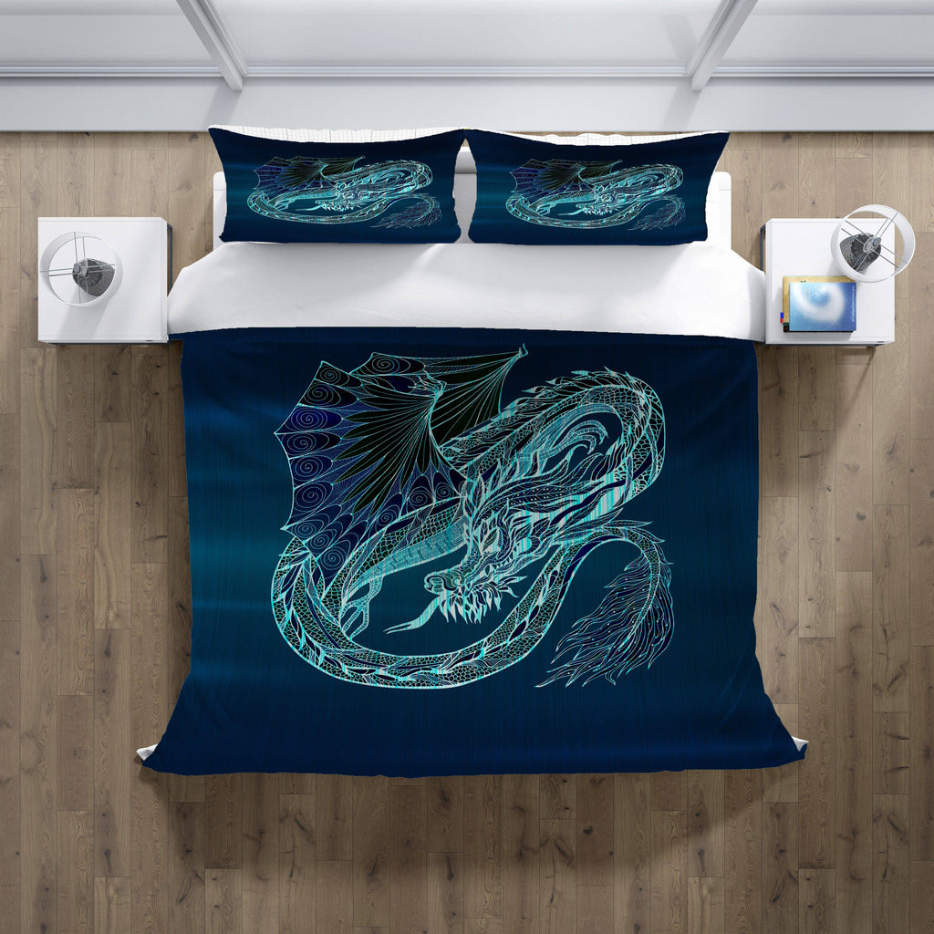Comforter or Duvet Cover | Electric Blue Dragon | Navy Blue Bedding | Twin, Queen, King Size - Deja Blue Studios