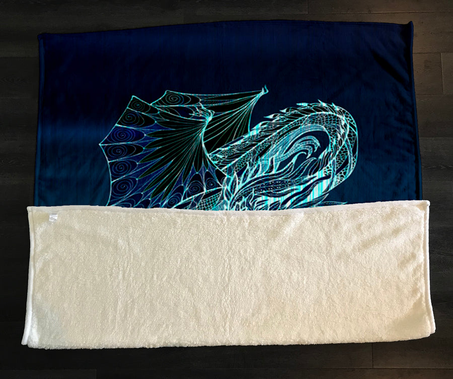Blue Electric Dragon Illustration Artwork Fleece Sherpa Blanket