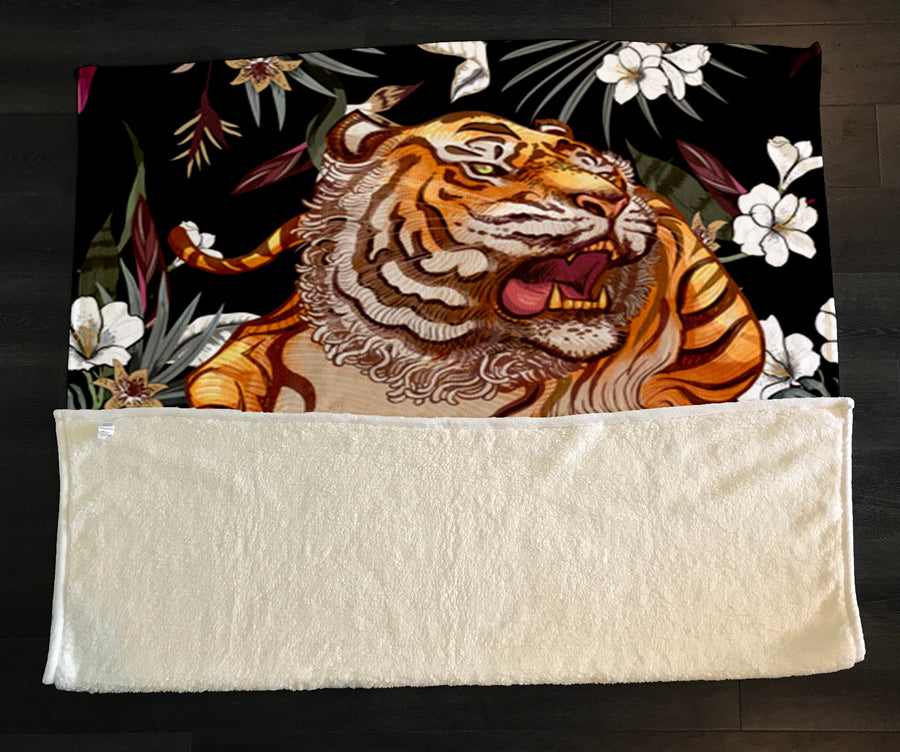 Tiger Floral Jungle Pattern Fleece Sherpa Blanket