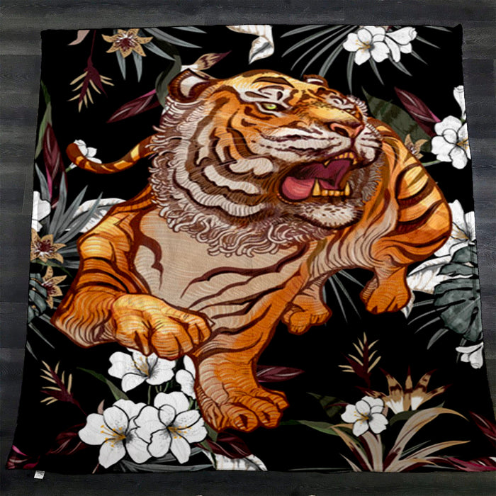 Tiger Floral Jungle Pattern Fleece Sherpa Blanket
