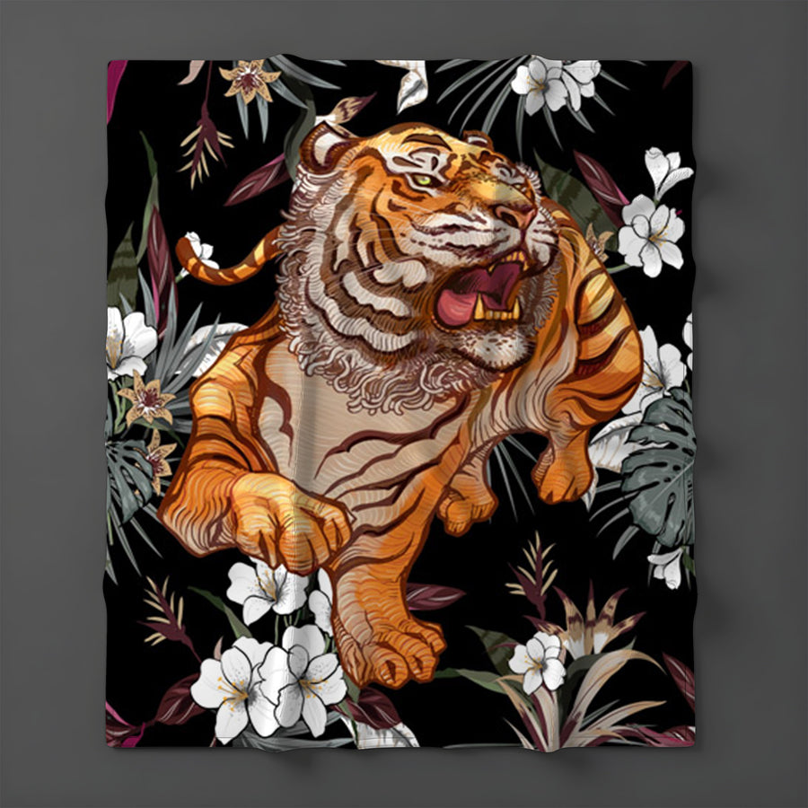 Tiger Floral Jungle Pattern Fleece Sherpa Blanket
