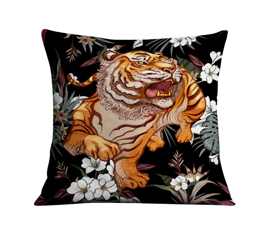 Tiger Floral Jungle Pattern Throw Pillow Cover