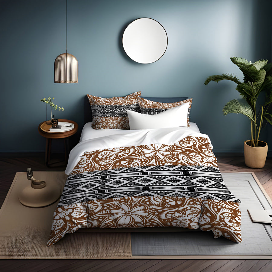 Brown Ornamental Stripe Tribal Pattern Duvet Cover