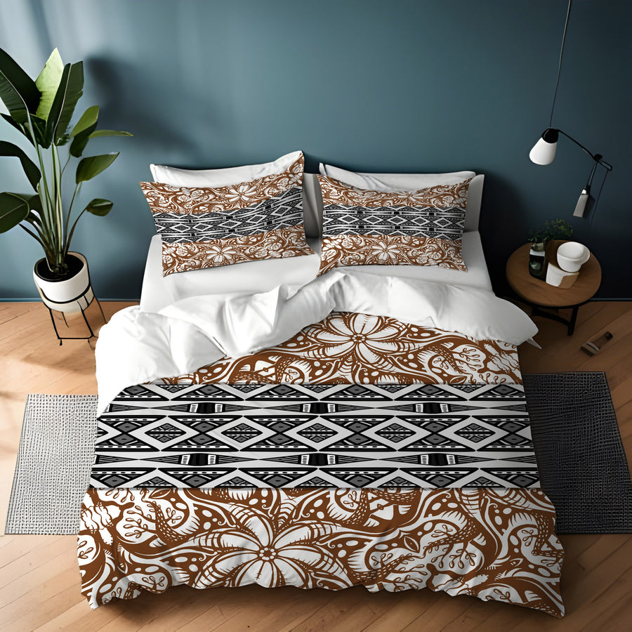 Brown Ornamental Stripe Tribal Pattern Duvet Cover