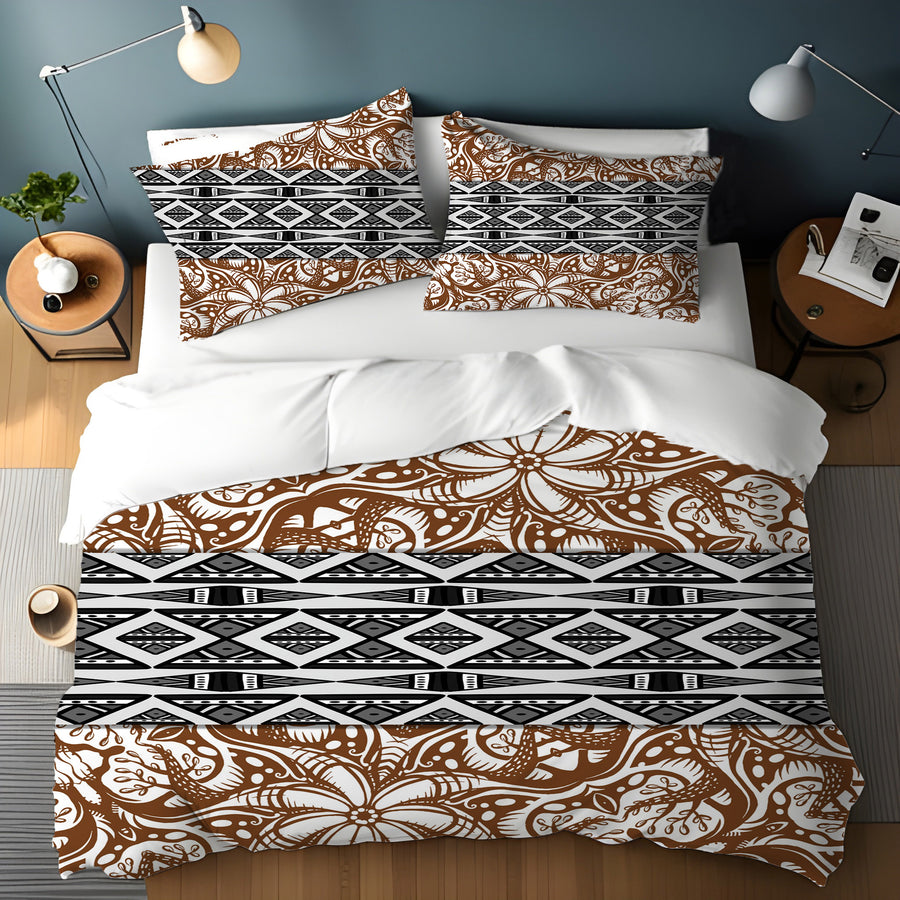 Brown Ornamental Stripe Tribal Pattern Duvet Cover