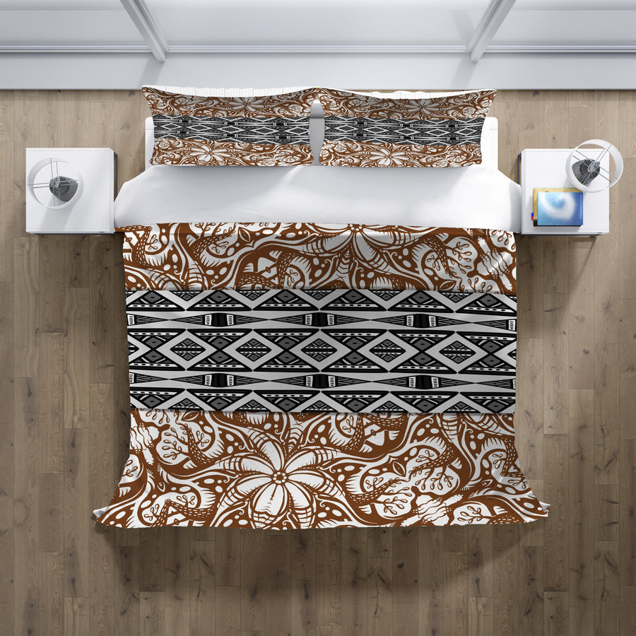 Brown Ornamental Stripe Tribal Pattern Duvet Cover