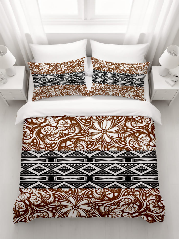 Brown Ornamental Stripe Tribal Pattern Duvet Cover