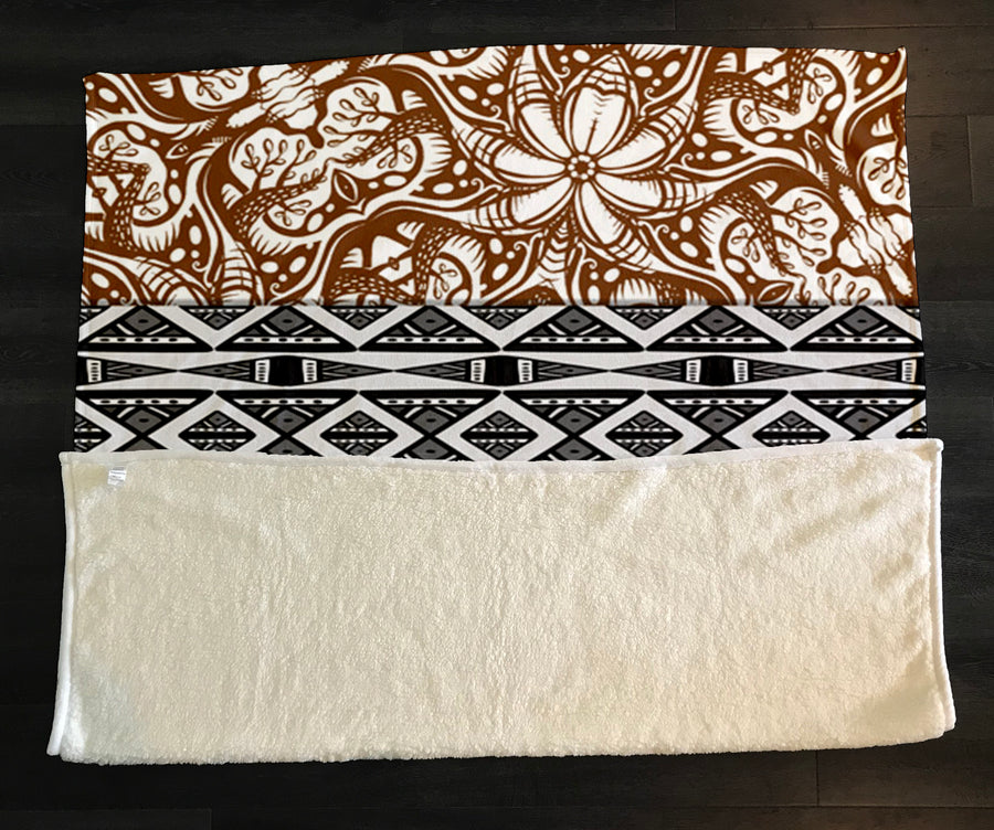 Brown Ornamental Stripe Tribal Pattern Fleece Sherpa Blanket