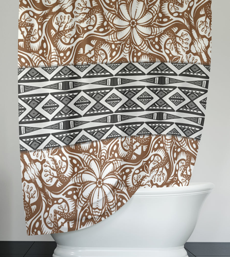 Brown Ornamental Stripe Tribal Pattern Shower Curtain