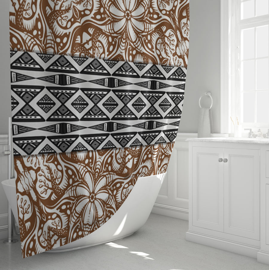 Brown Ornamental Stripe Tribal Pattern Shower Curtain
