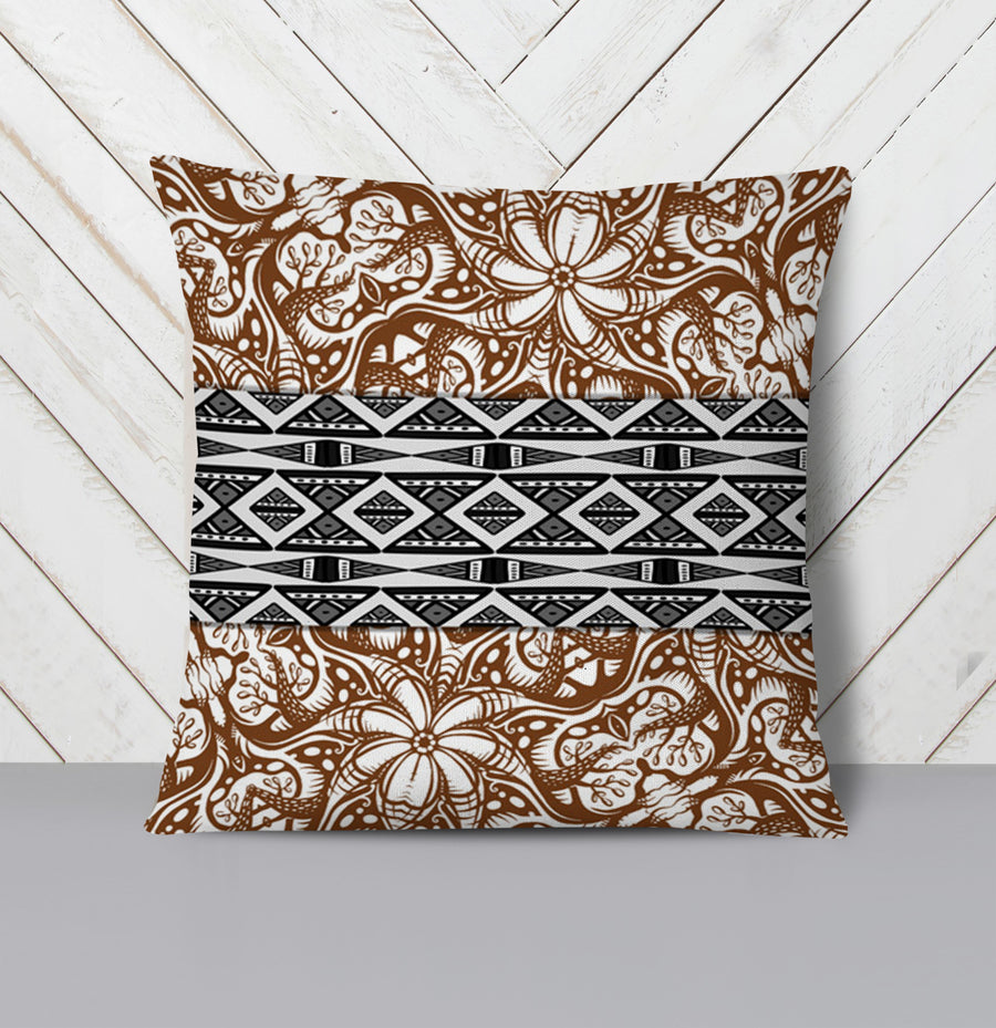 Brown Ornamental Stripe Tribal Pattern Throw Pillow Cover