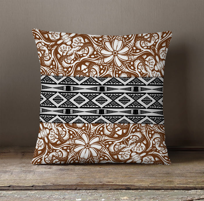 Brown Ornamental Stripe Tribal Pattern Throw Pillow Cover