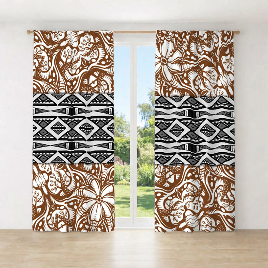 Brown Ornamental Stripe Tribal Pattern Window Curtains