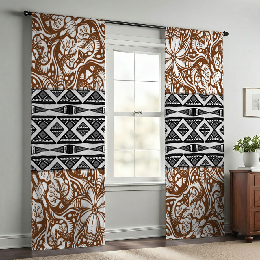 Brown Ornamental Stripe Tribal Pattern Window Curtains