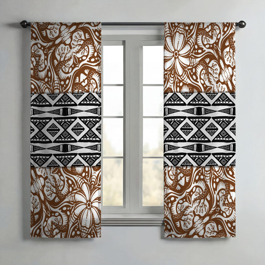 Brown Ornamental Stripe Tribal Pattern Window Curtains