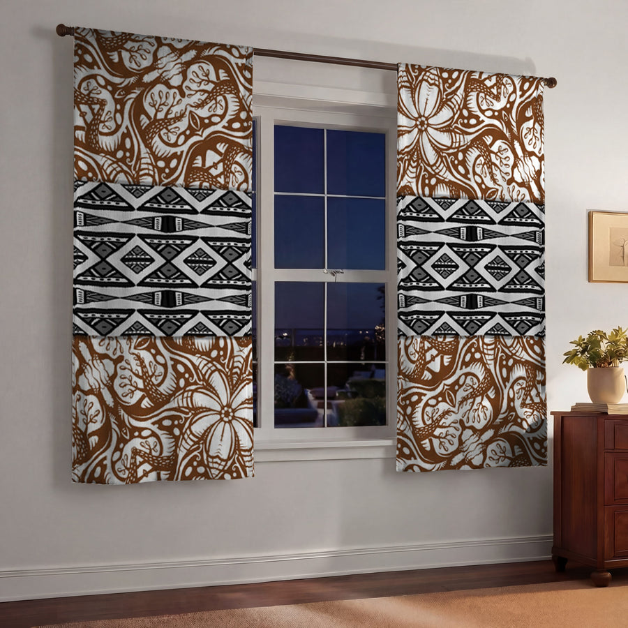 Brown Ornamental Stripe Tribal Pattern Window Curtains
