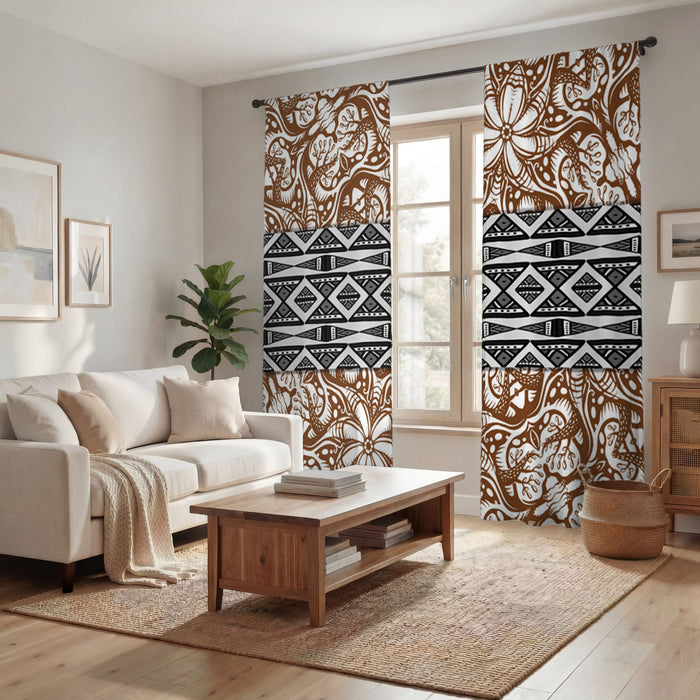 Brown Ornamental Stripe Tribal Pattern Window Curtains