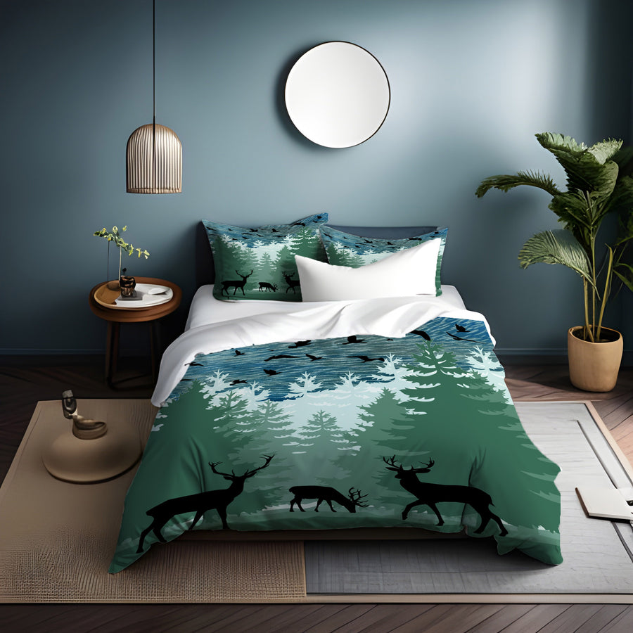 Green Forest Deer Silhouette Landscape Duvet Cover