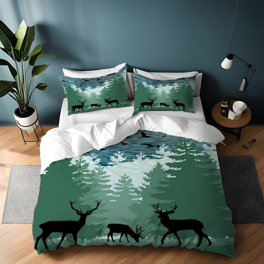 Green Forest Deer Silhouette Landscape Duvet Cover