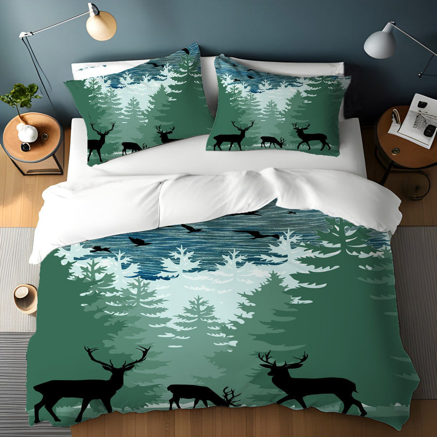 Green Forest Deer Silhouette Landscape Duvet Cover