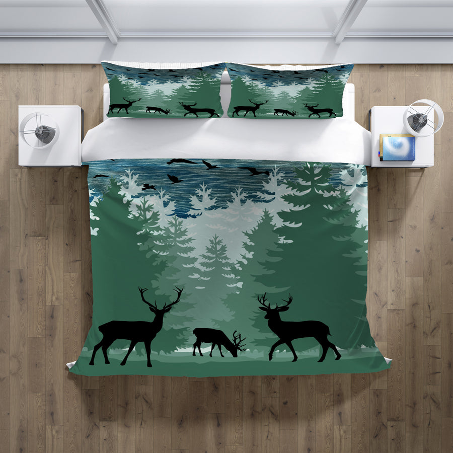Green Forest Deer Silhouette Landscape Duvet Cover