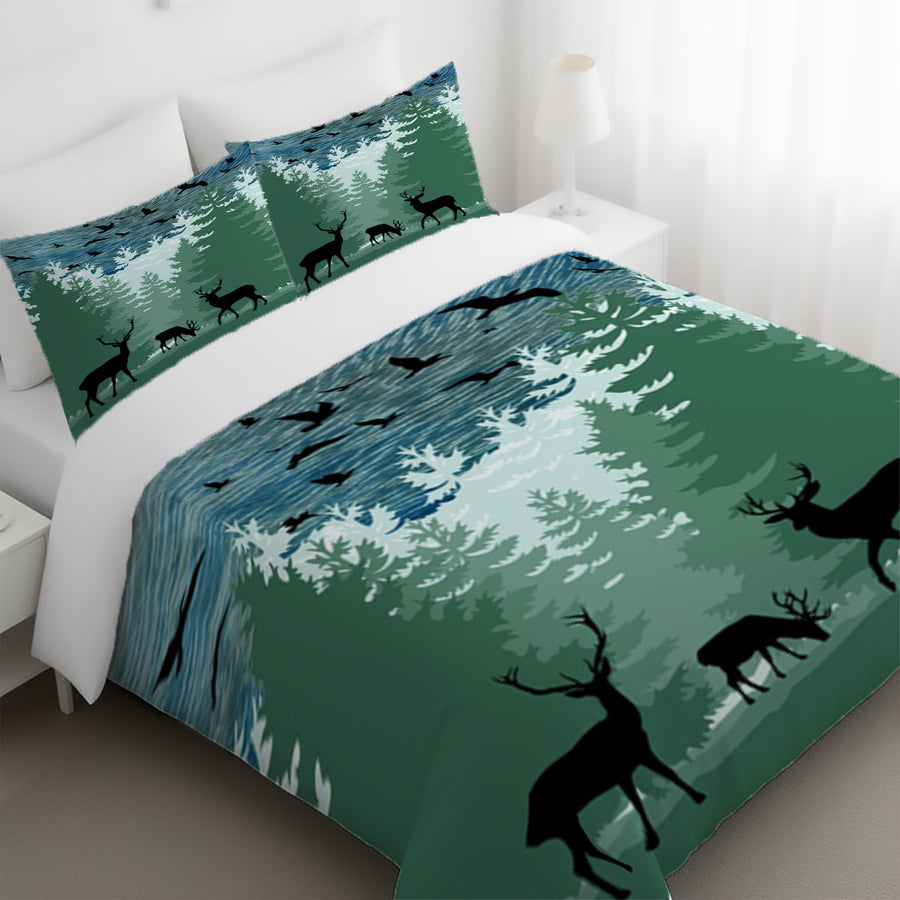 Green Forest Deer Silhouette Landscape Duvet Cover