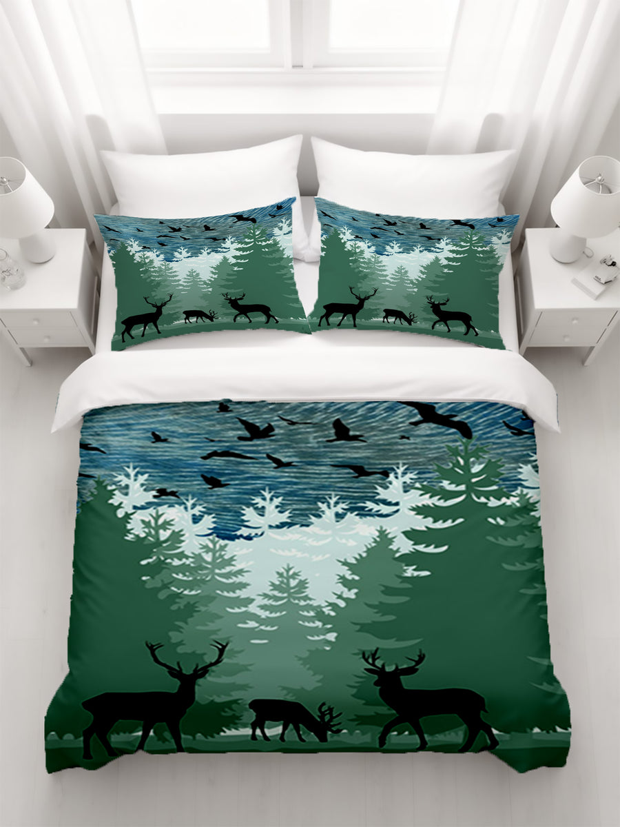 Green Forest Deer Silhouette Landscape Duvet Cover
