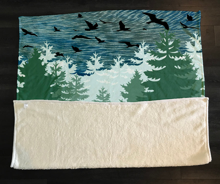 Green Forest Deer Silhouette Landscape Fleece Sherpa Blanket