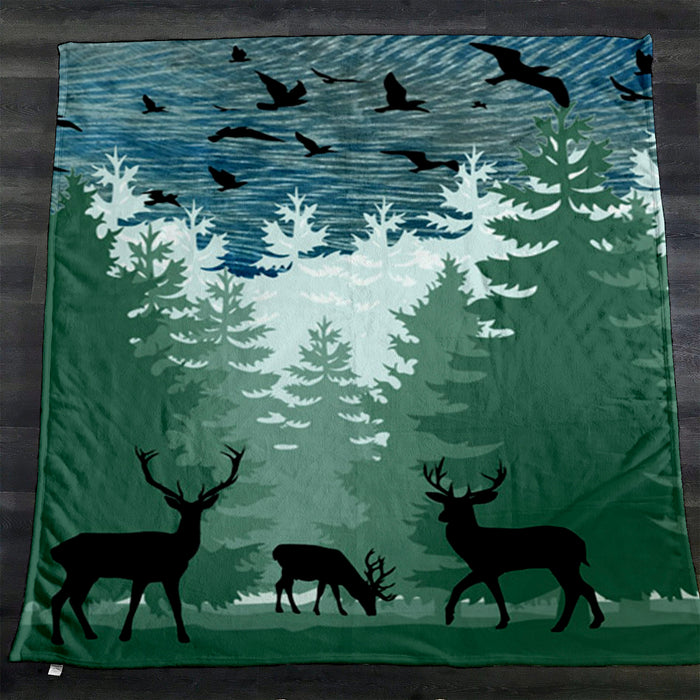Green Forest Deer Silhouette Landscape Fleece Sherpa Blanket