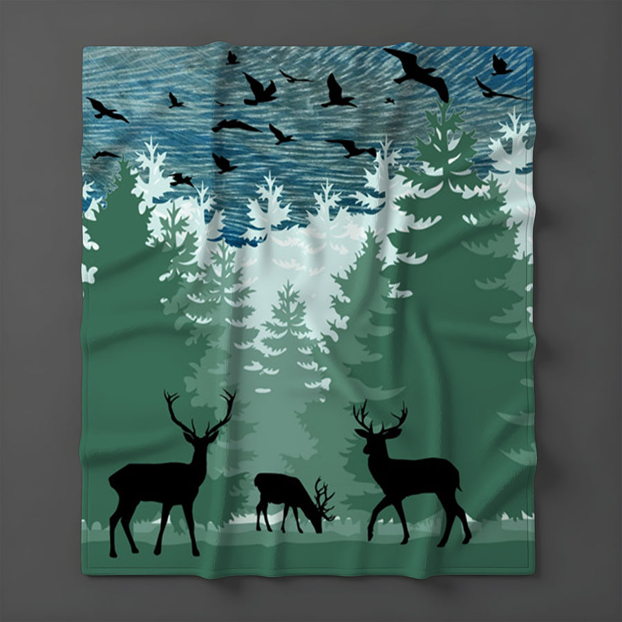 Green Forest Deer Silhouette Landscape Fleece Sherpa Blanket