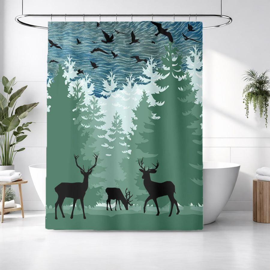 Green Forest Deer Silhouette Landscape Shower Curtain
