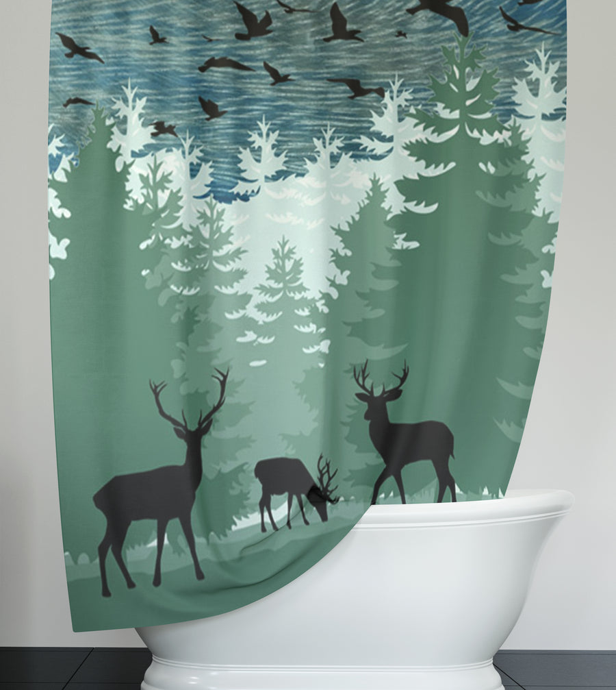 Green Forest Deer Silhouette Landscape Shower Curtain