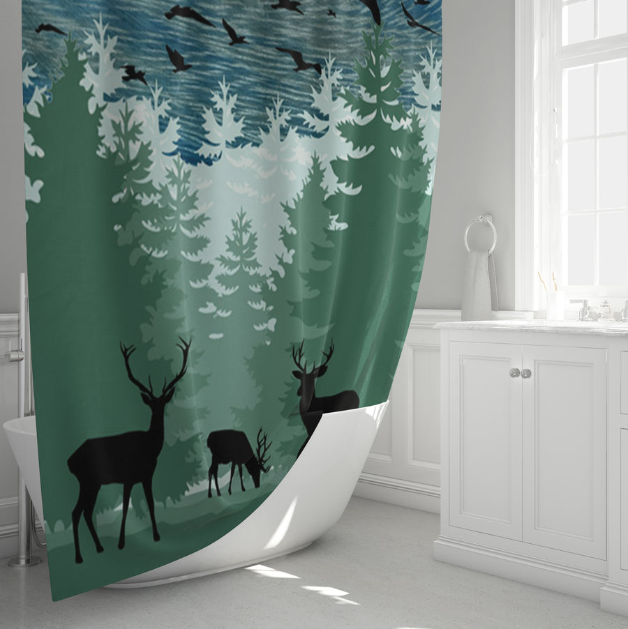 Green Forest Deer Silhouette Landscape Shower Curtain