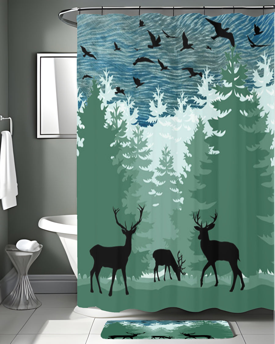 Green Forest Deer Silhouette Landscape Shower Curtain