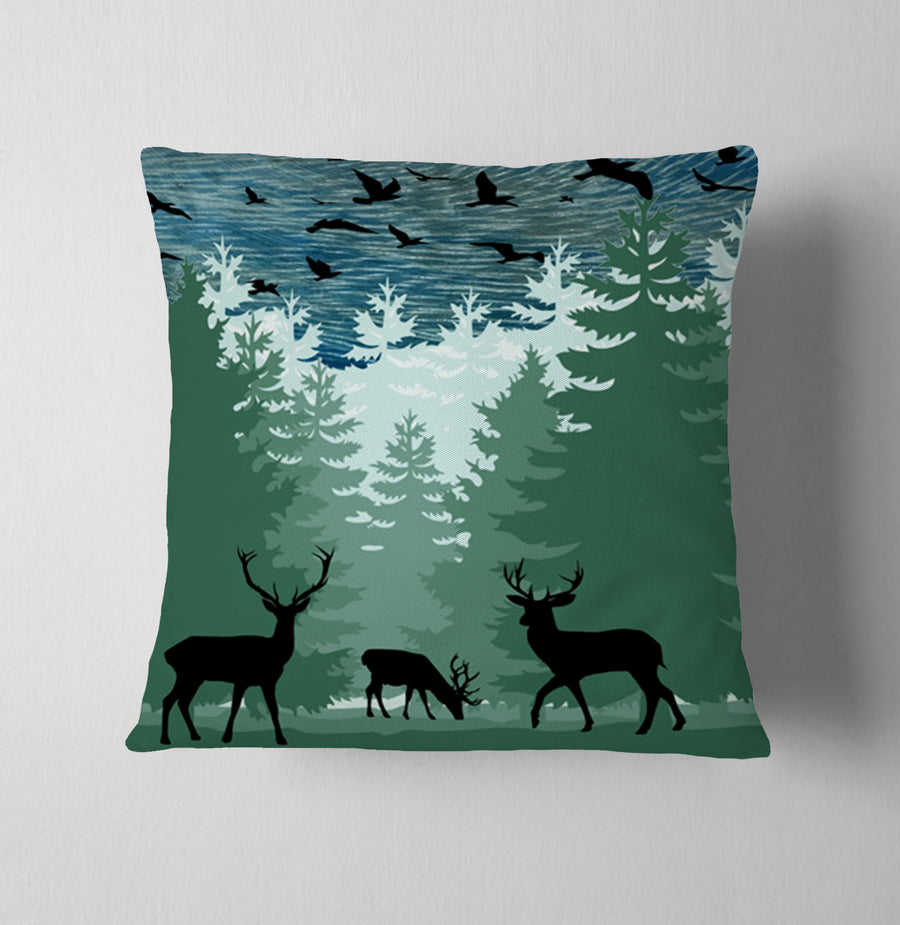 Green Forest Deer Silhouette Landscape Throw Pillow Cover