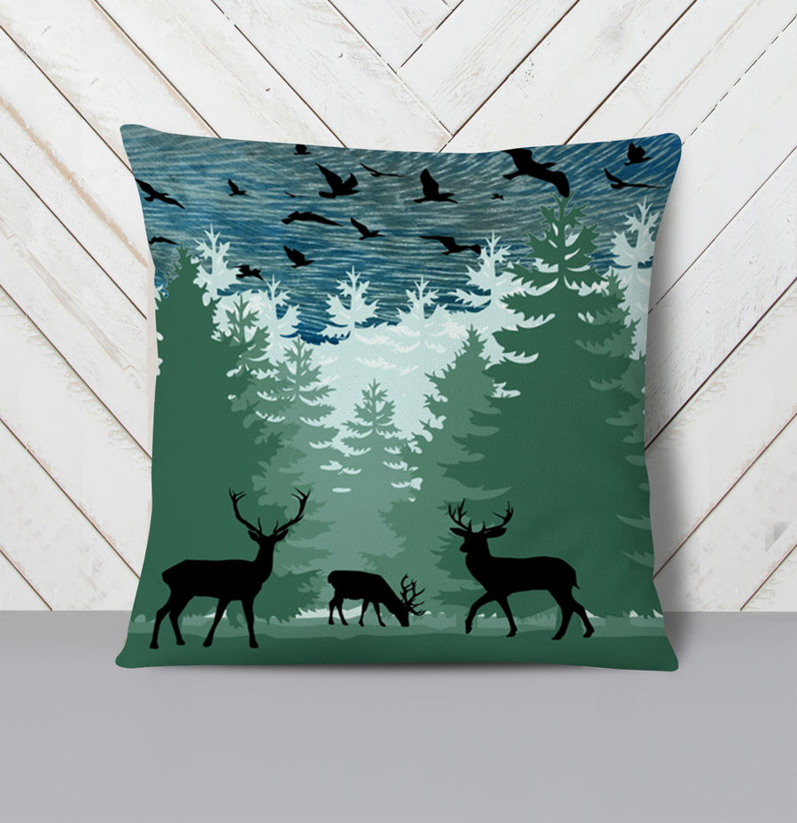 Green Forest Deer Silhouette Landscape Throw Pillow Cover