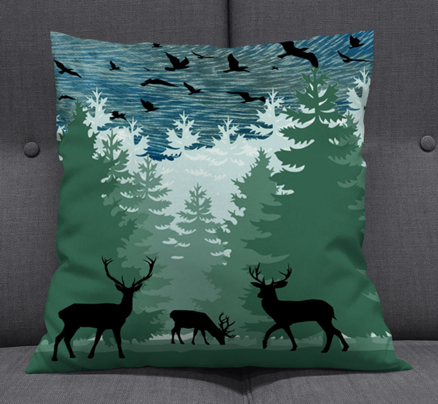 Green Forest Deer Silhouette Landscape Throw Pillow Cover